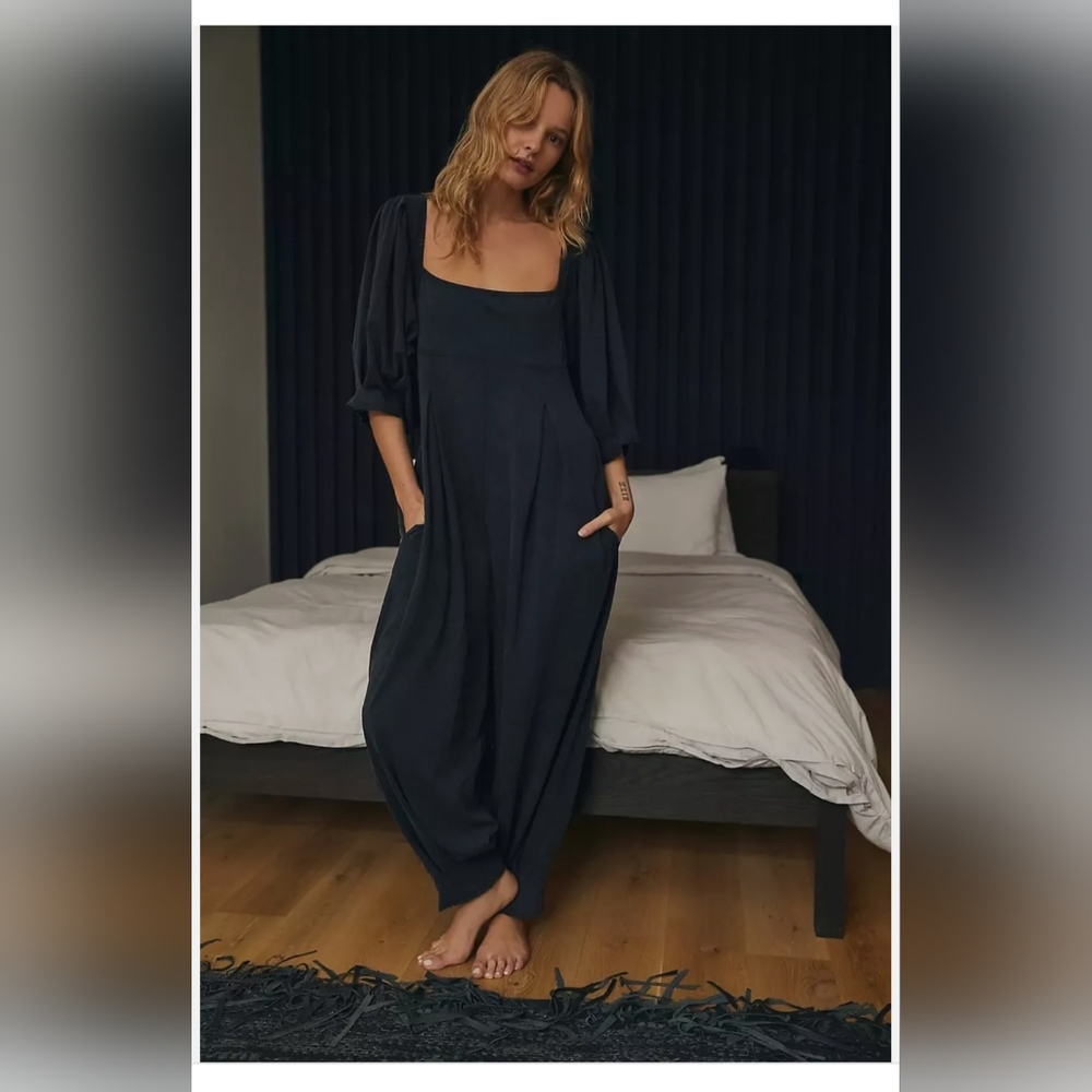 Free People Black Jumpsuit with Puff Sleeves and Wide-Leg Design